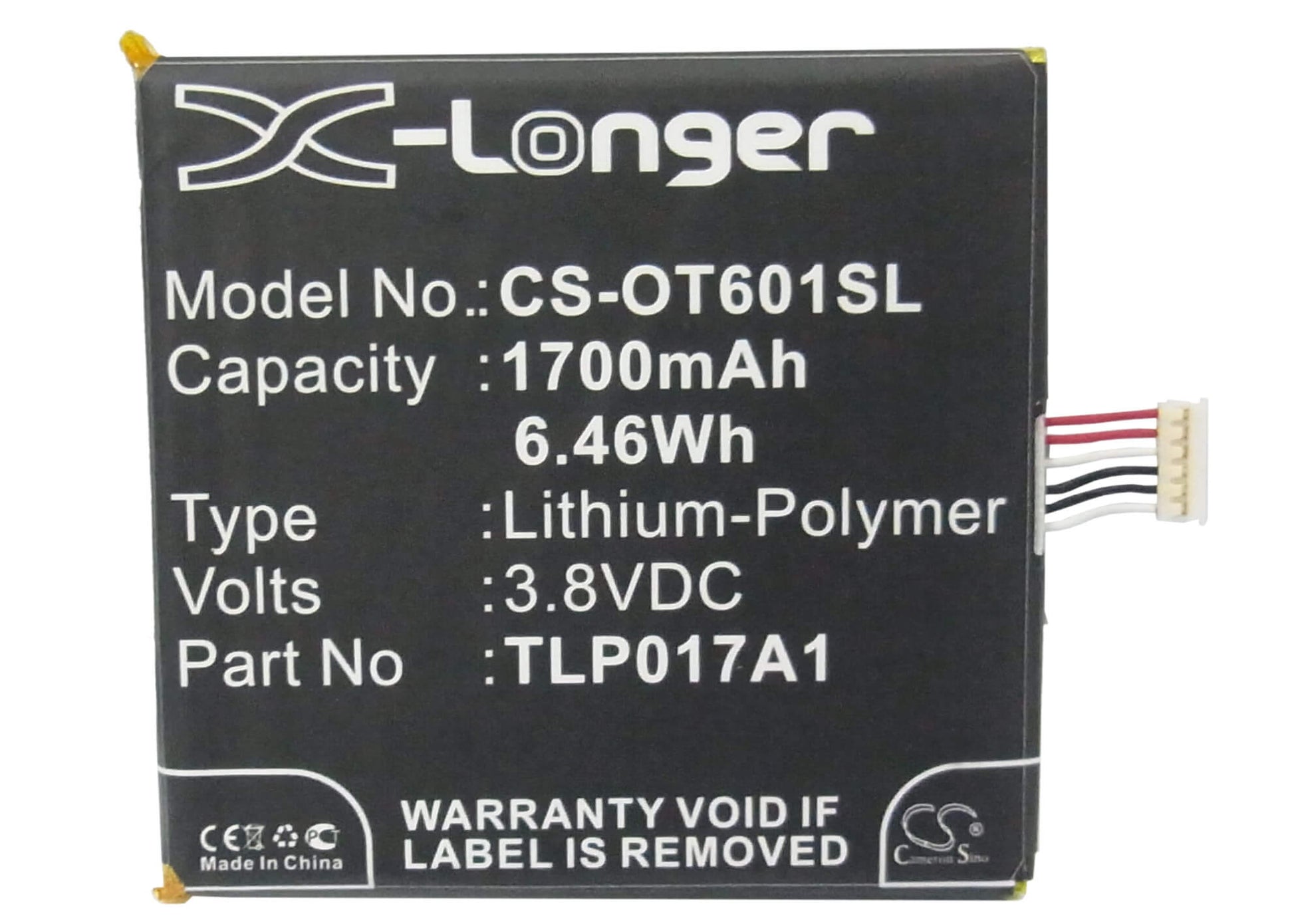 3.8V, 1700mAh, Li-Polymer Battery fits Tcl, S530t, 6.46Wh