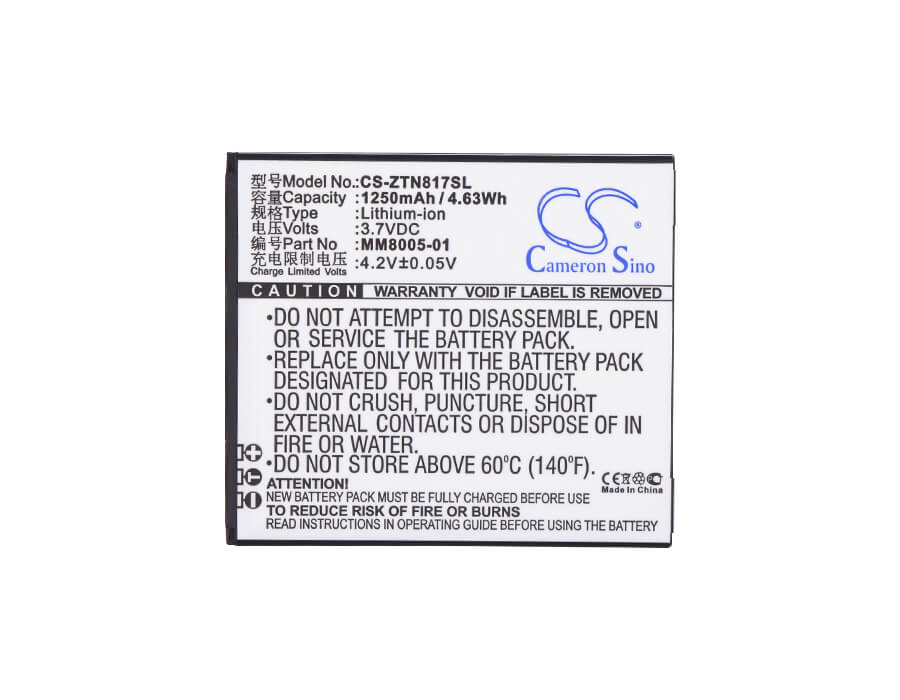 3.7V, 1250mAh, Li-ion Battery fits Zte, Quest, Quest N817, 4.625Wh