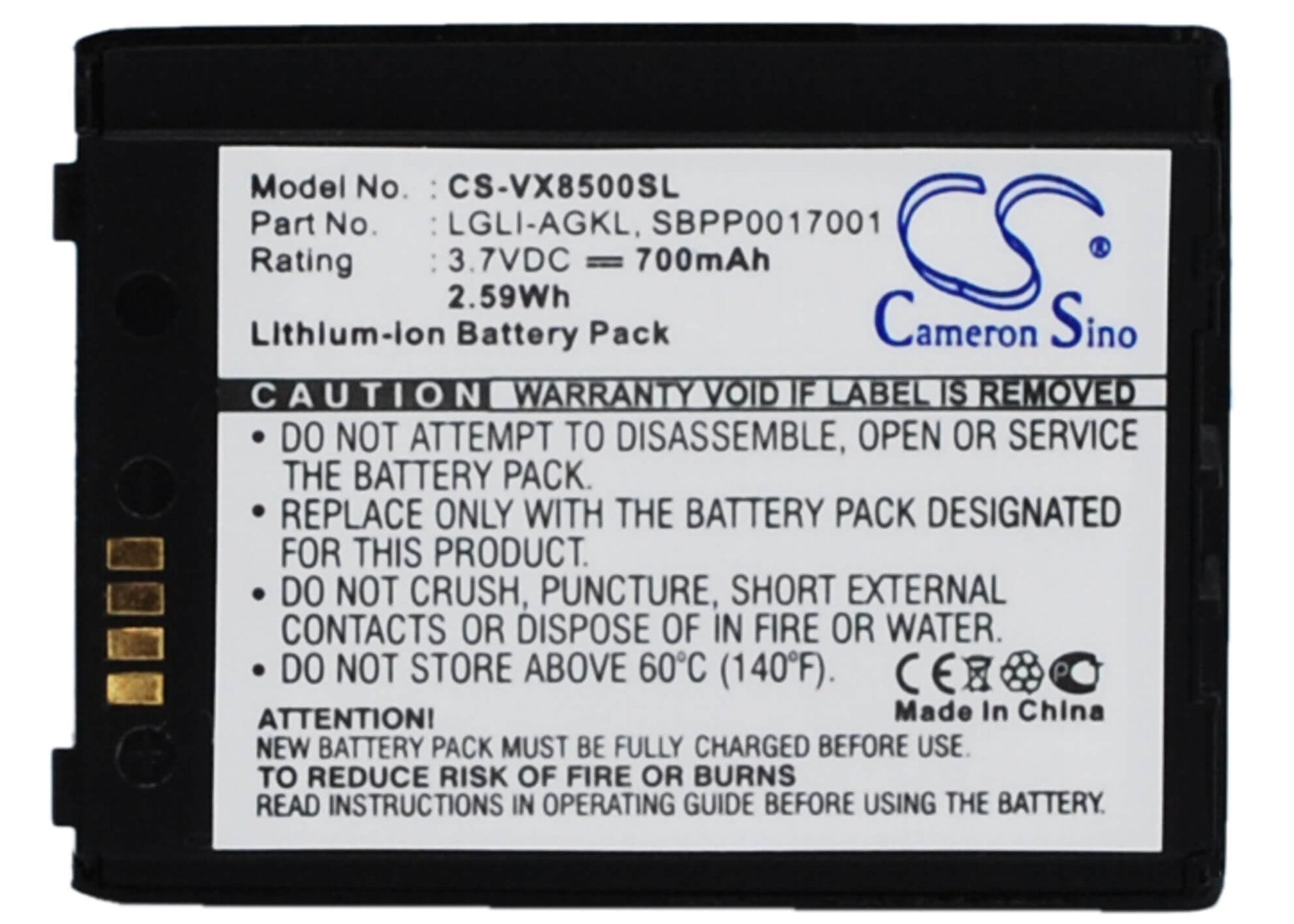 3.7V, 700mAh, Li-ion Battery fits Lg, Chocolate 3, Vx8500, 2.59Wh
