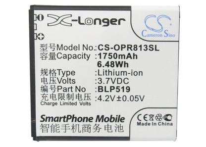 3.7V, 1750mAh, Li-ion Battery fits Oppo, 701t, R813t, 6.475Wh