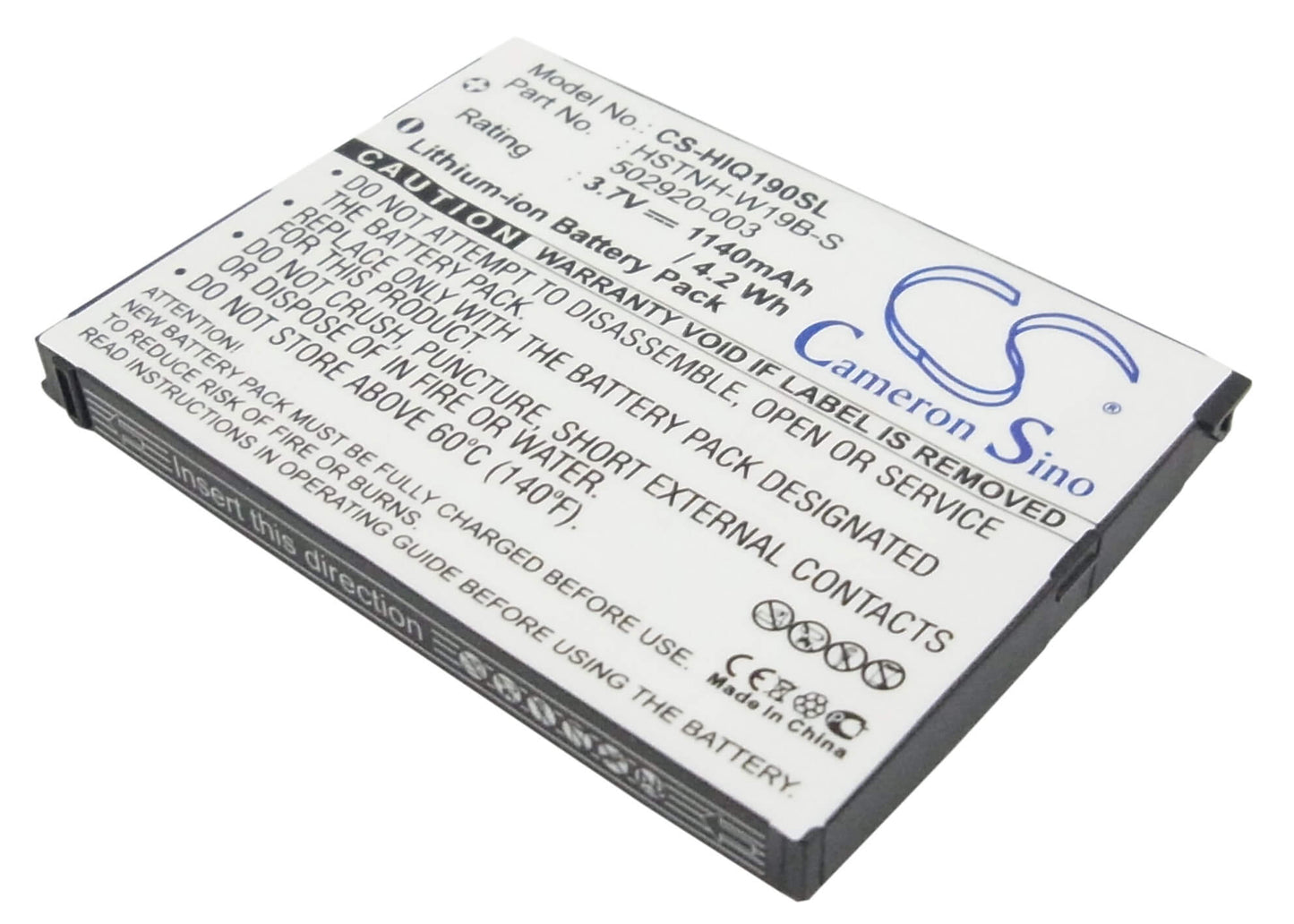 3.7V, 1140mAh, Li-ion Battery fits Hp, Hstnh-c19c, Ipaq Data Messenger, 4.218Wh