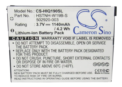3.7V, 1140mAh, Li-ion Battery fits Hp, Hstnh-c19c, Ipaq Data Messenger, 4.218Wh
