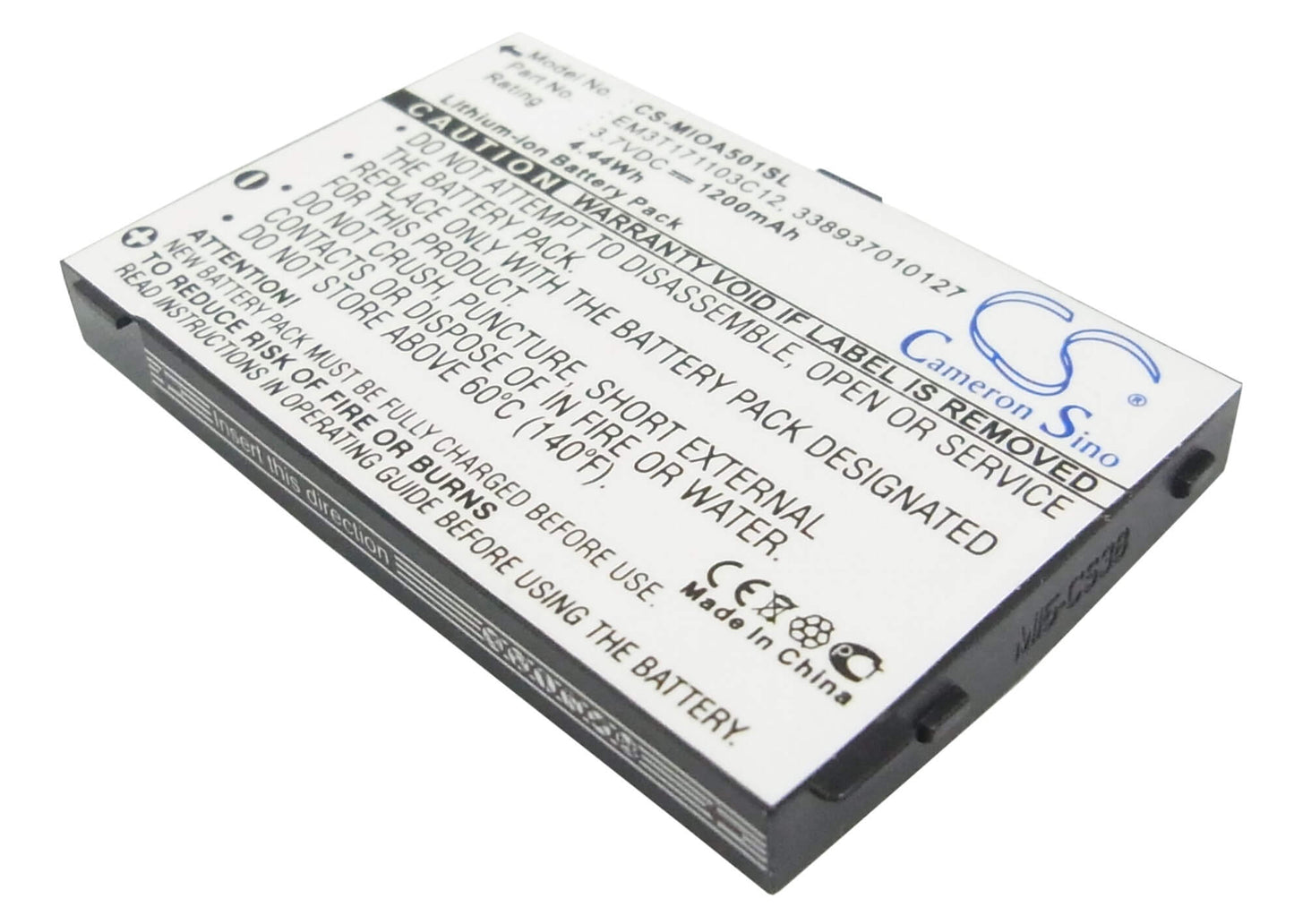 3.7V, 1200mAh, Li-ion Battery fits Mitac, Mio A500, Mio A501, 4.44Wh