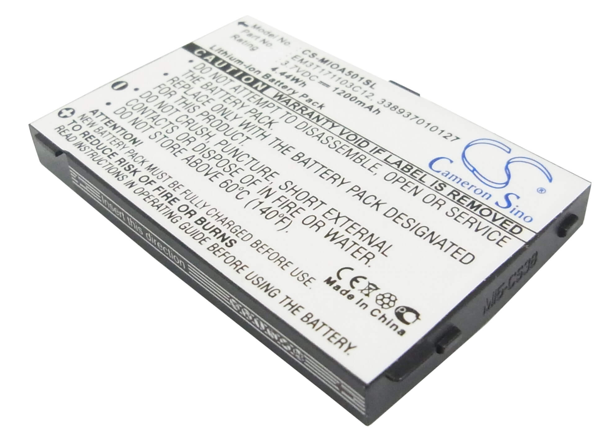 3.7V, 1200mAh, Li-ion Battery fits Mitac, Mio A500, Mio A501, 4.44Wh