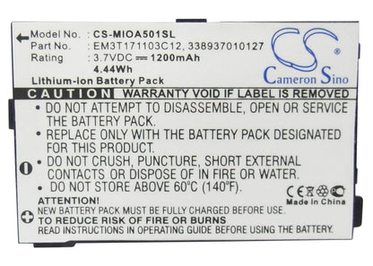 3.7V, 1200mAh, Li-ion Battery fits Mitac, Mio A500, Mio A501, 4.44Wh