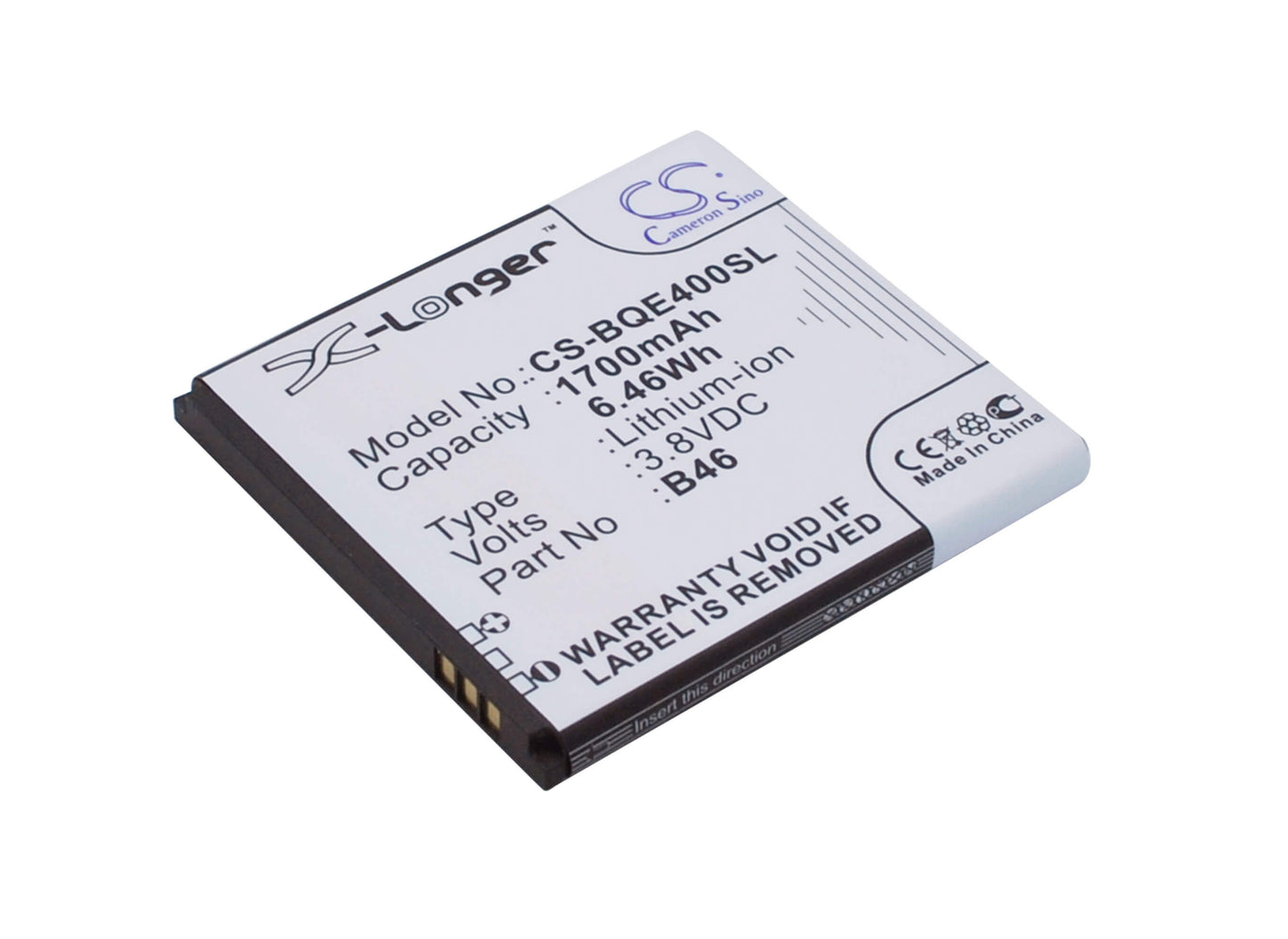 3.8V, 1700mAh, Li-Polymer Battery fits Bq, 1700, Aquaris E4, 6.46Wh