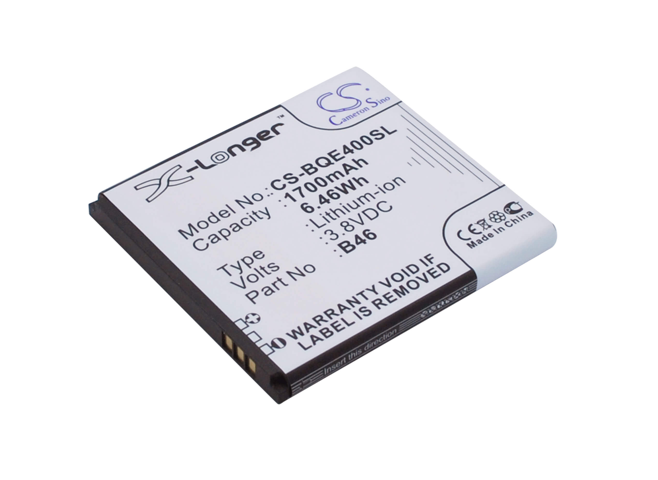 3.8V, 1700mAh, Li-Polymer Battery fits Bq, 1700, Aquaris E4, 6.46Wh