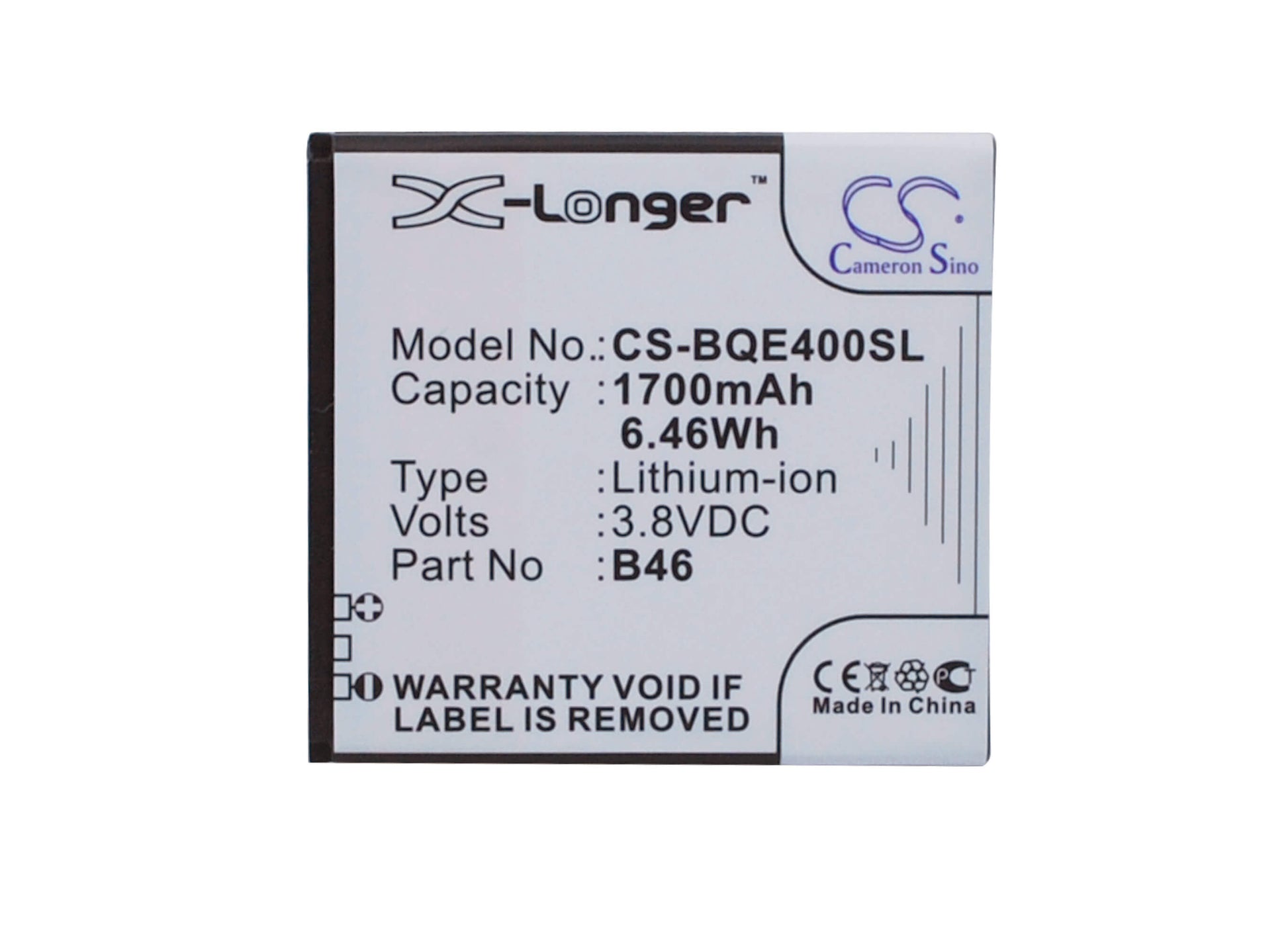 3.8V, 1700mAh, Li-Polymer Battery fits Bq, 1700, Aquaris E4, 6.46Wh