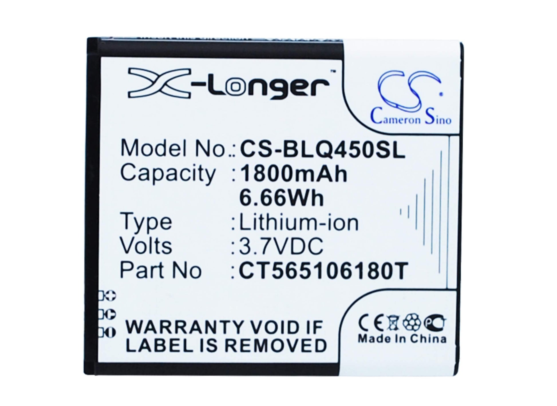 3.7V, 1800mAh, Li-ion Battery fits Blu, Quattro 4.5, 6.66Wh