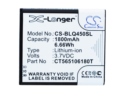 3.7V, 1800mAh, Li-ion Battery fits Blu, Quattro 4.5, 6.66Wh