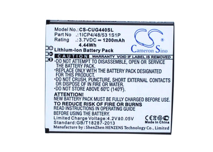 3.7V, 1200mAh, Li-ion Battery fits Cube1, G44, G44s, 4.44Wh