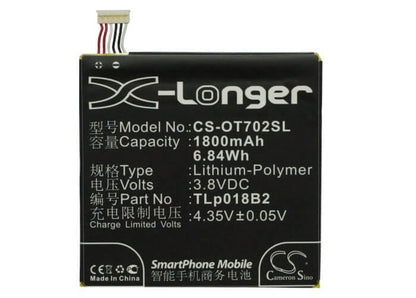 3.8V, 1800mAh, Li-Polymer Battery fits Alcatel, One Touch 7024, One Touch 7024w, 6.84Wh