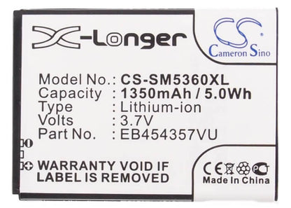 3.7V, 1350mAh, Li-ion Battery fits Samsung, Galaxy Chat, Galaxy M Pro 2, 4.995Wh