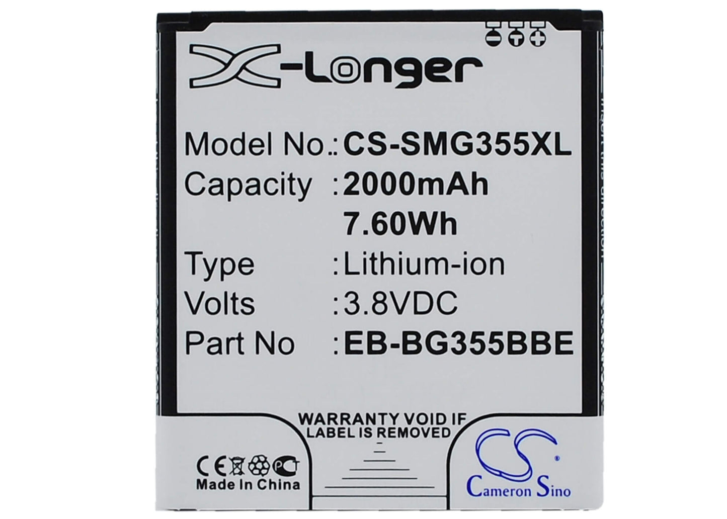 3.8V, 2000mAh, Li-ion Battery fits Samsung, Galaxy Core 2, Galaxy Core Lite, 7.6Wh
