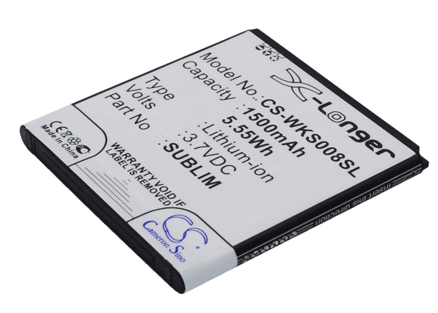 3.7V, 1500mAh, Li-ion Battery fits Wiko, Blush, Cink Slim, 5.55Wh