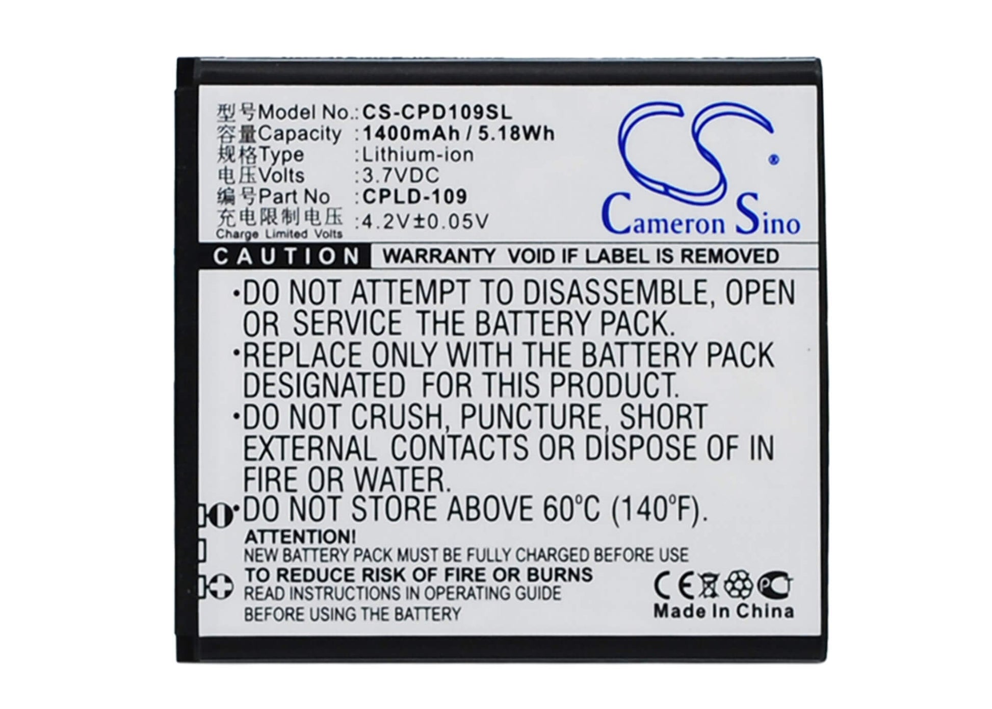 3.7V, 1400mAh, Li-ion Battery fits Coolpad, 8070d, 5.18Wh