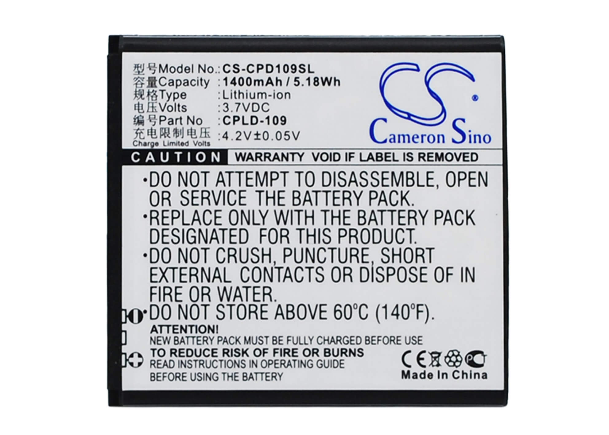 3.7V, 1400mAh, Li-ion Battery fits Coolpad, 8070d, 5.18Wh