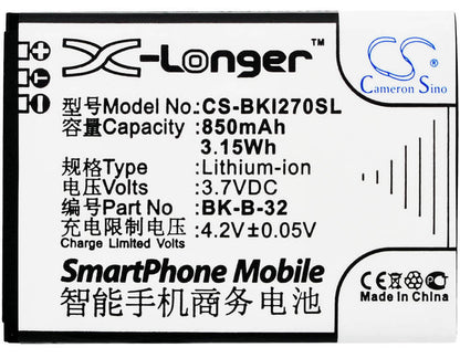 3.7V, 850mAH, Li-ion Battery fits Bbk, I18, I270, 3.145Wh