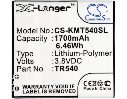 3.8V, 1700mAh, Li-Polymer Battery fits Kazam, Trooper 540, 6.46Wh
