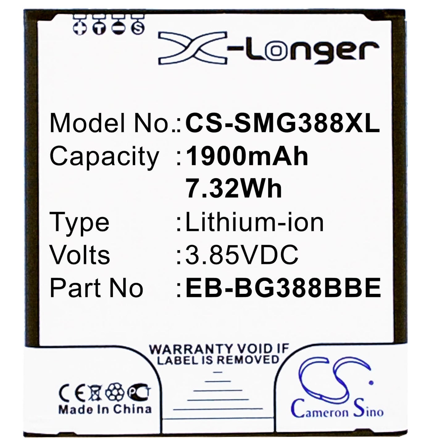 3.85V, 1900mAh, Li-ion Battery fits Samsung, Galaxy Active Neo, Galaxy Xcover 3, 7.315Wh