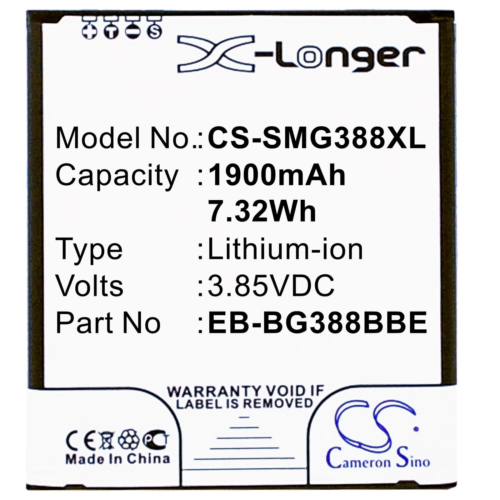 3.85V, 1900mAh, Li-ion Battery fits Samsung, Galaxy Active Neo, Galaxy Xcover 3, 7.315Wh