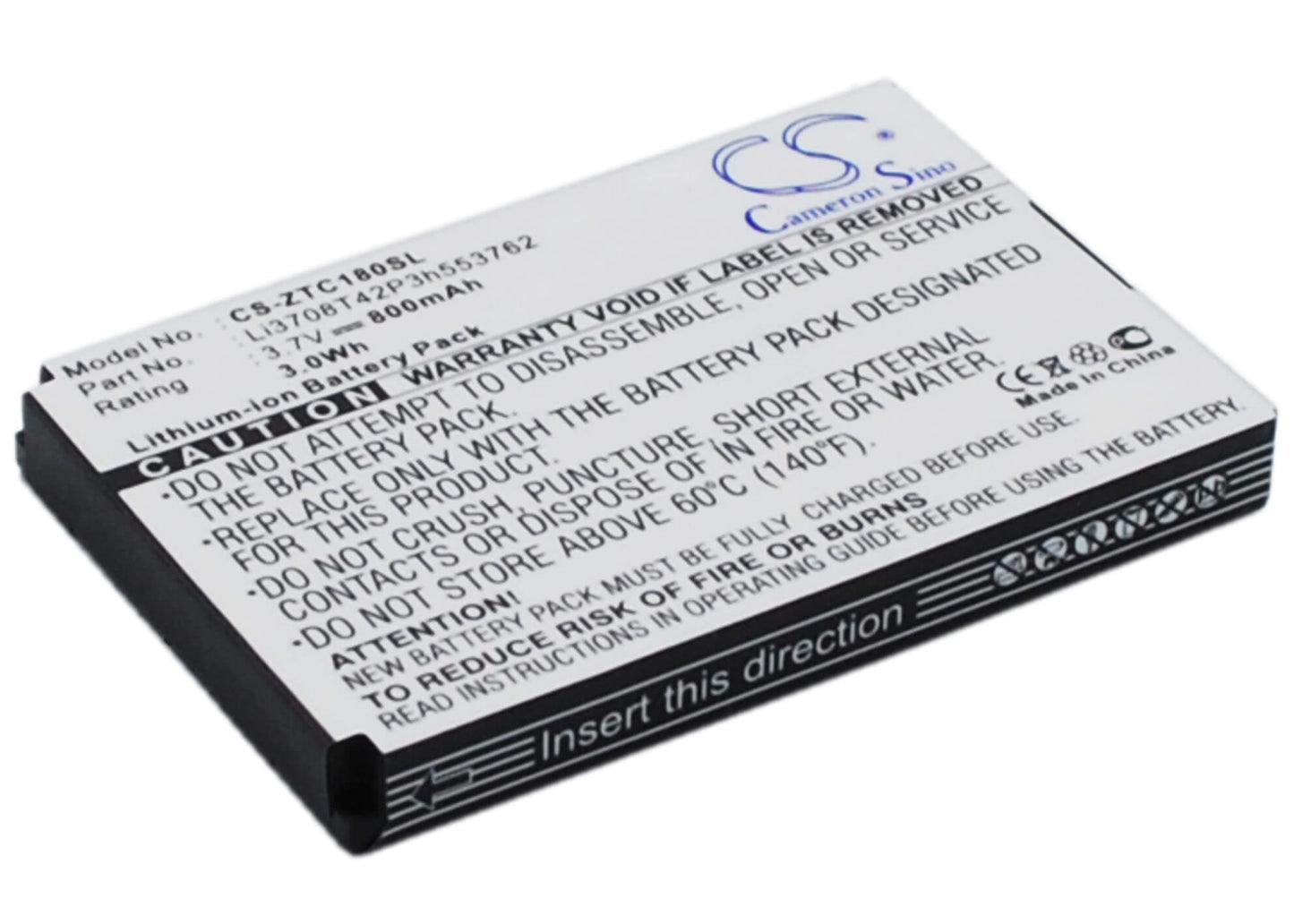3.7V, 800mAh, Li-ion Battery fits Zte, C160, C180, 2.96Wh