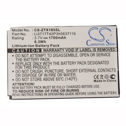 3.7V, 1700mAh, Li-ion Battery fits Zte, C60, C66, 6.29Wh