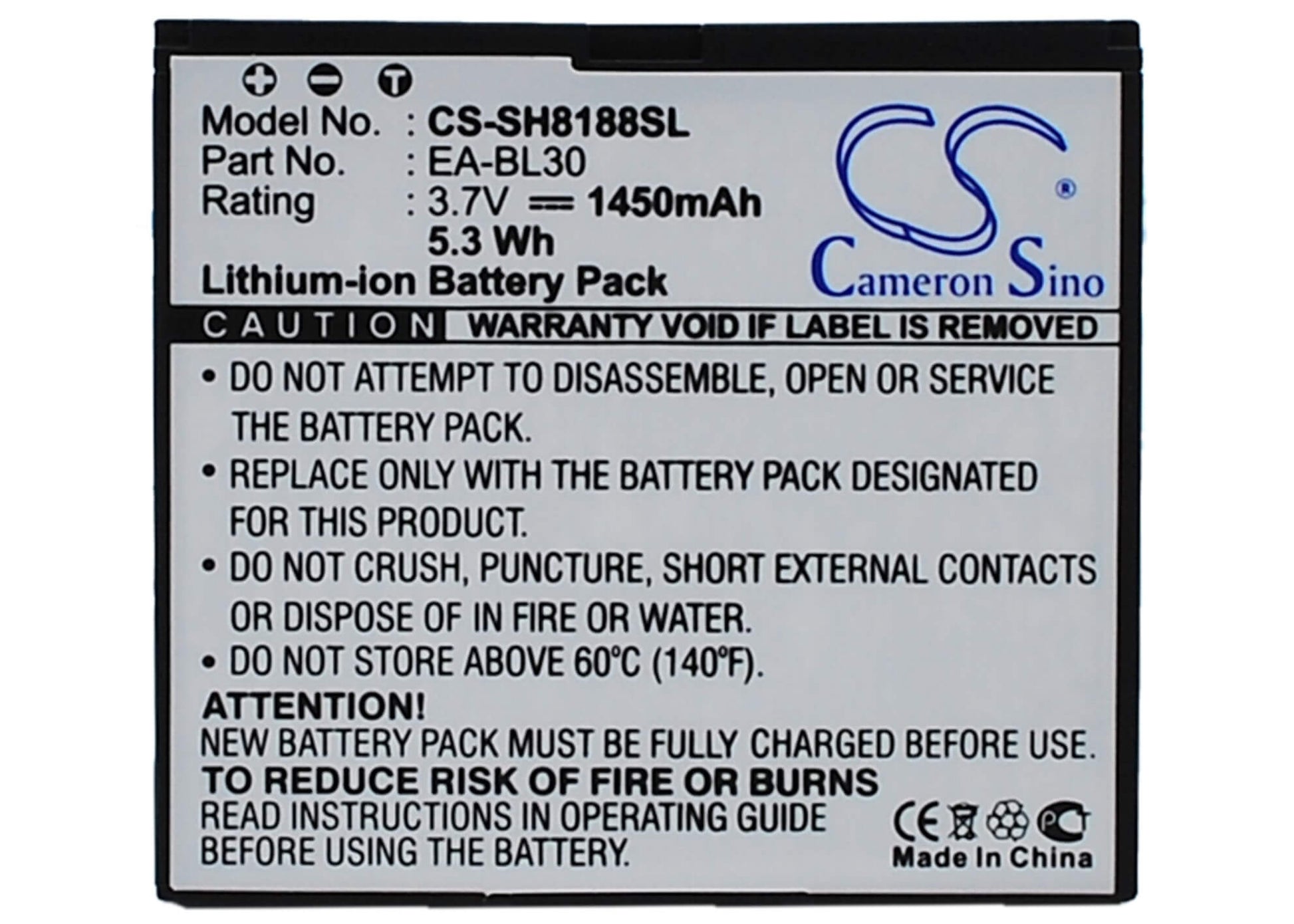 3.7V, 1450mAh, Li-ion Battery fits Sharp, Sh8188u, 5.365Wh