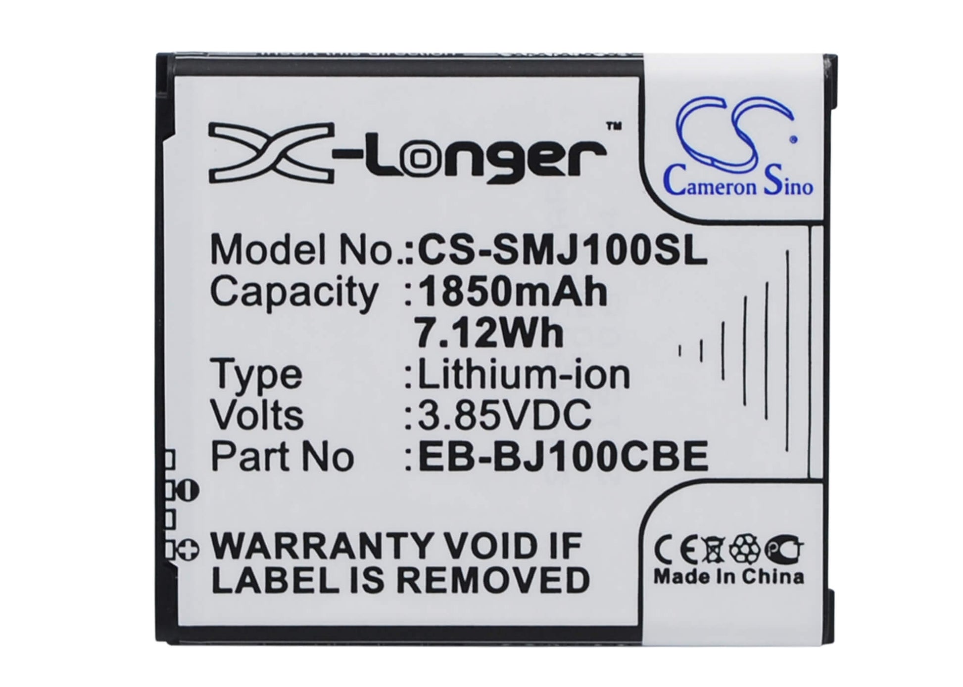 CS-SMJ100SL, Mobile, Smartphone 3.85V, 1850mAh, Li-ion Battery fits Samsung, Galaxy J1, Galaxy J1 4g, 7.1225Wh