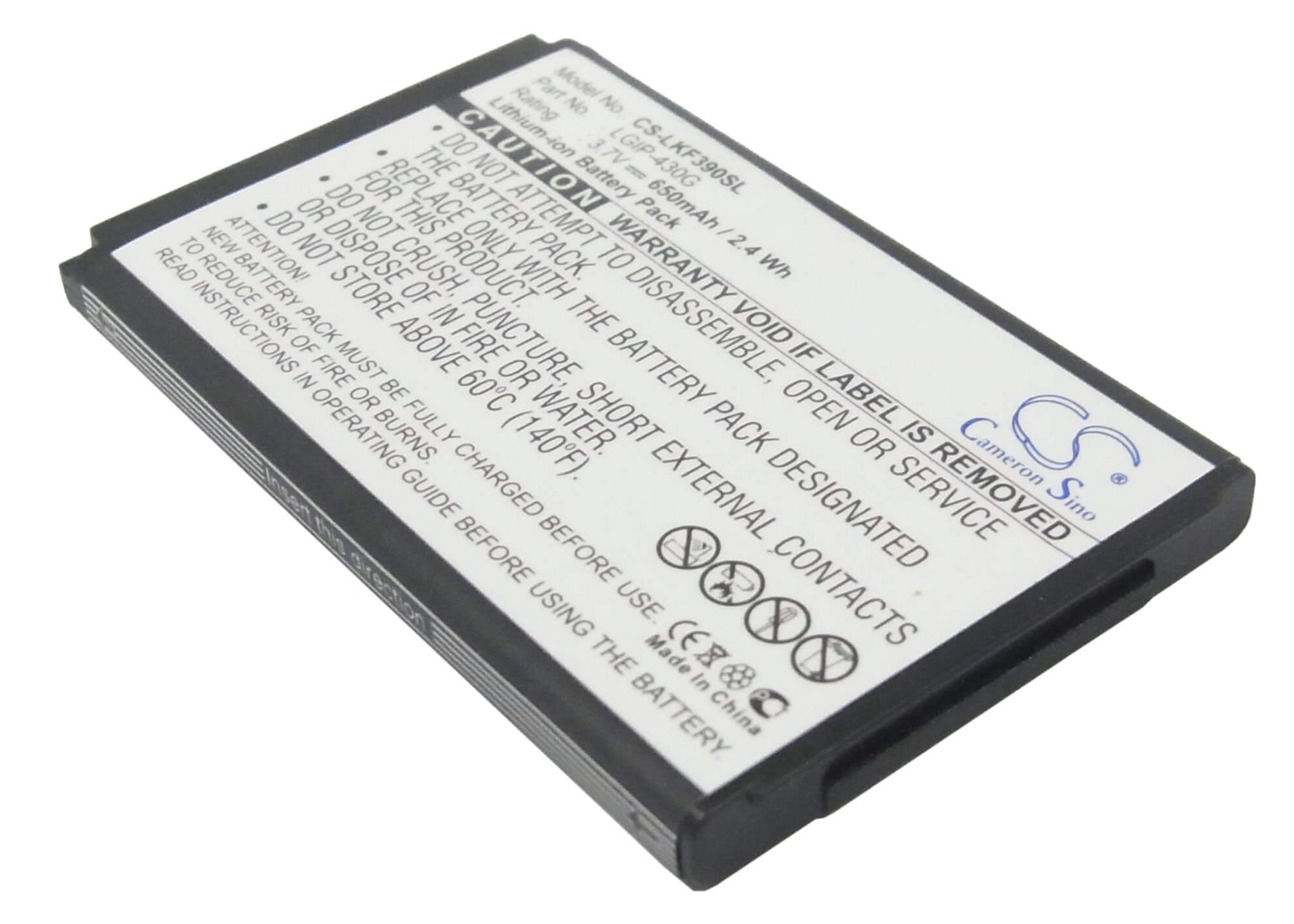 3.7V, 650mAh, Li-ion Battery fits Lg, Gu230, Kf390, 2.405Wh
