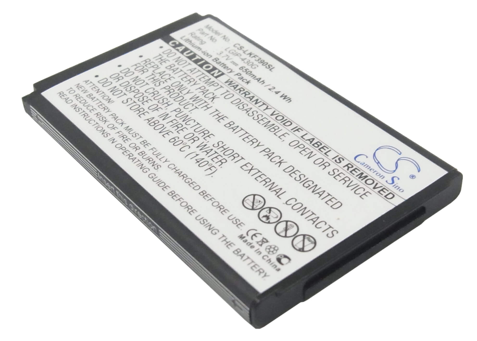 3.7V, 650mAh, Li-ion Battery fits Lg, Gu230, Kf390, 2.405Wh