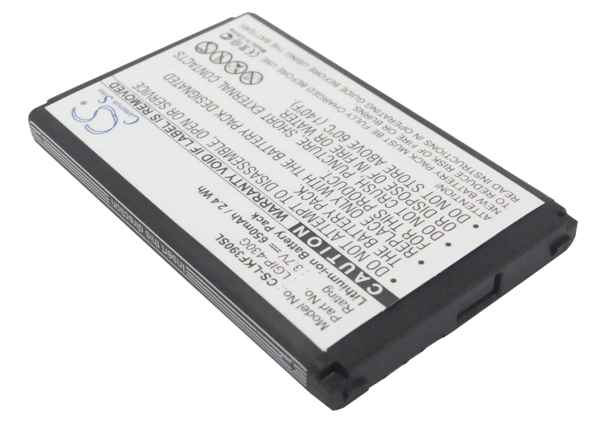 3.7V, 650mAh, Li-ion Battery fits Lg, Gu230, Kf390, 2.405Wh