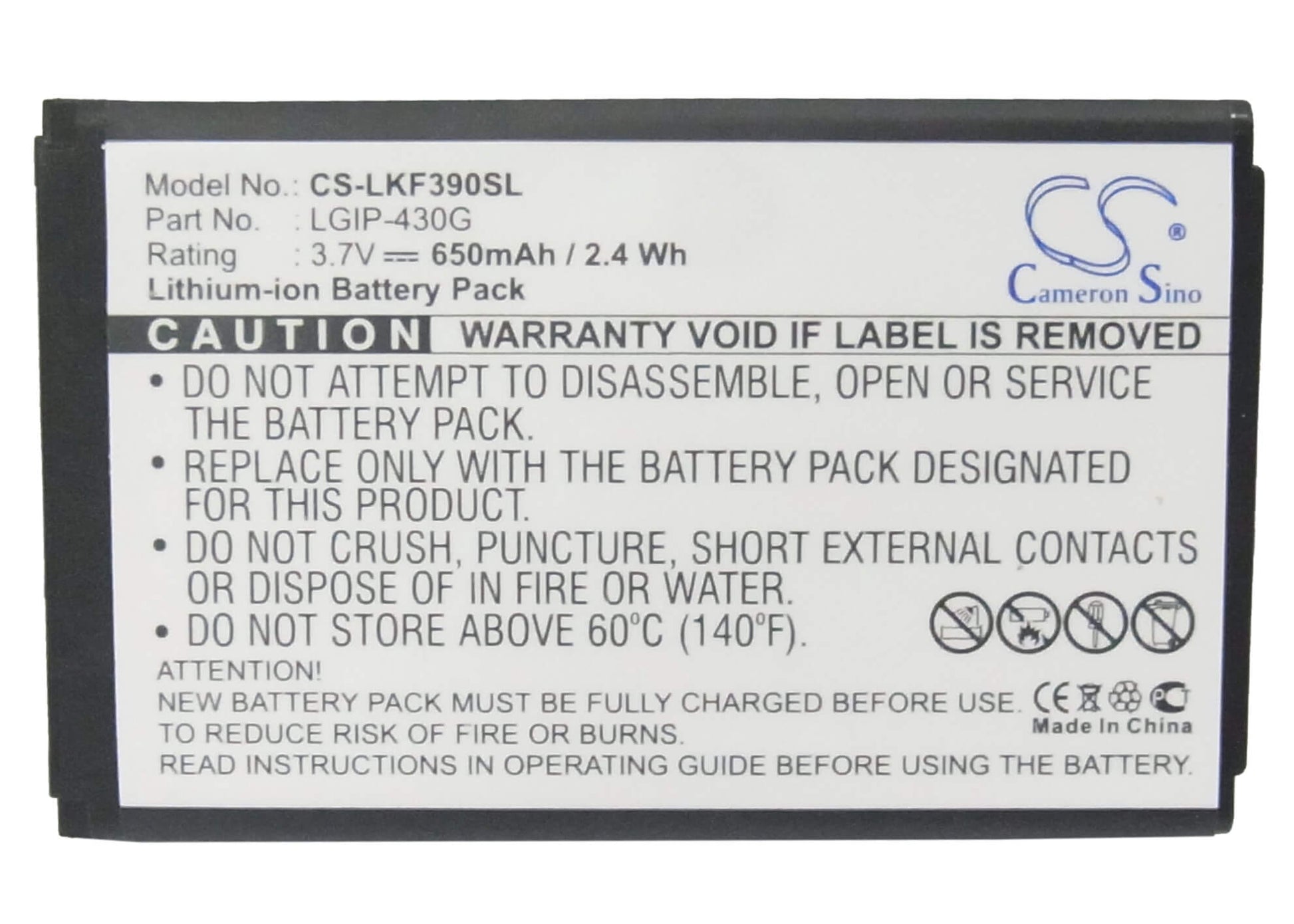 3.7V, 650mAh, Li-ion Battery fits Lg, Gu230, Kf390, 2.405Wh