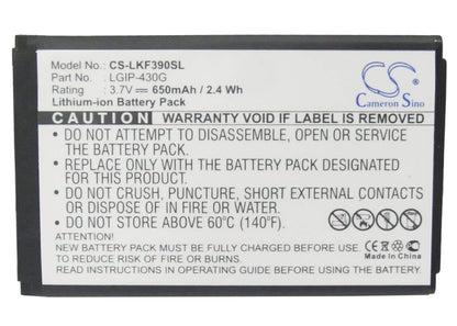 3.7V, 650mAh, Li-ion Battery fits Lg, Gu230, Kf390, 2.405Wh