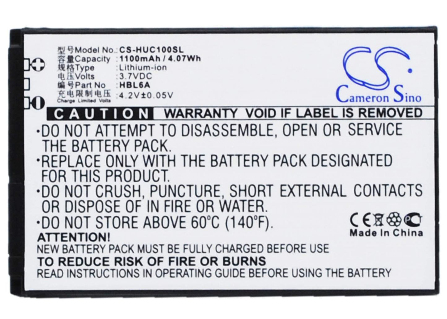 3.7V, 1100mAh, Li-ion Battery fits Huawei, C2600, C2605, 4.07Wh