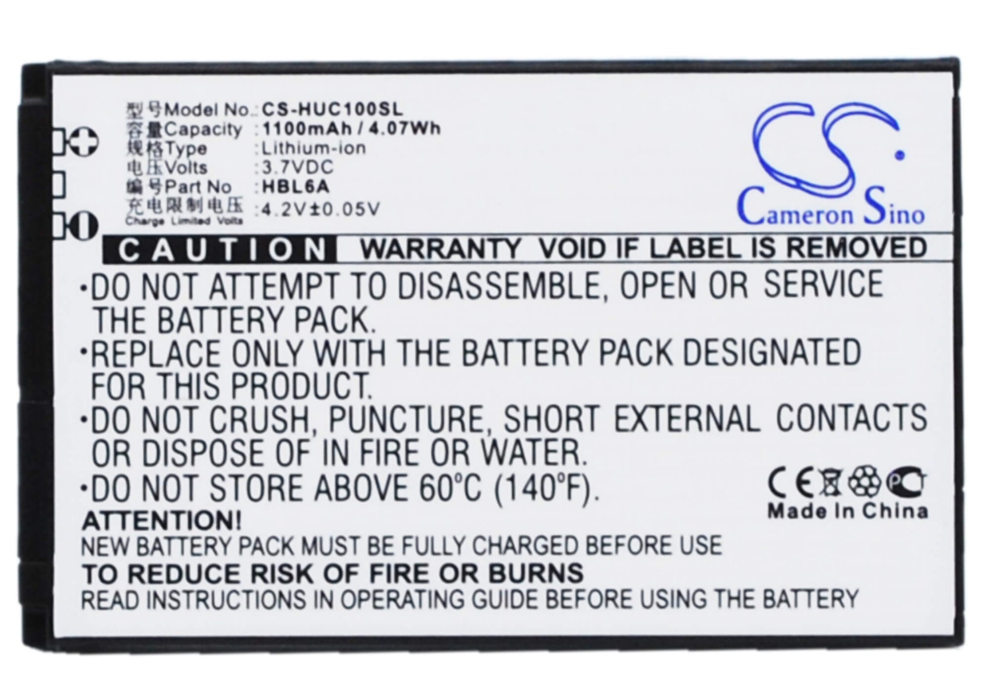 3.7V, 1100mAh, Li-ion Battery fits Huawei, C2600, C2605, 4.07Wh