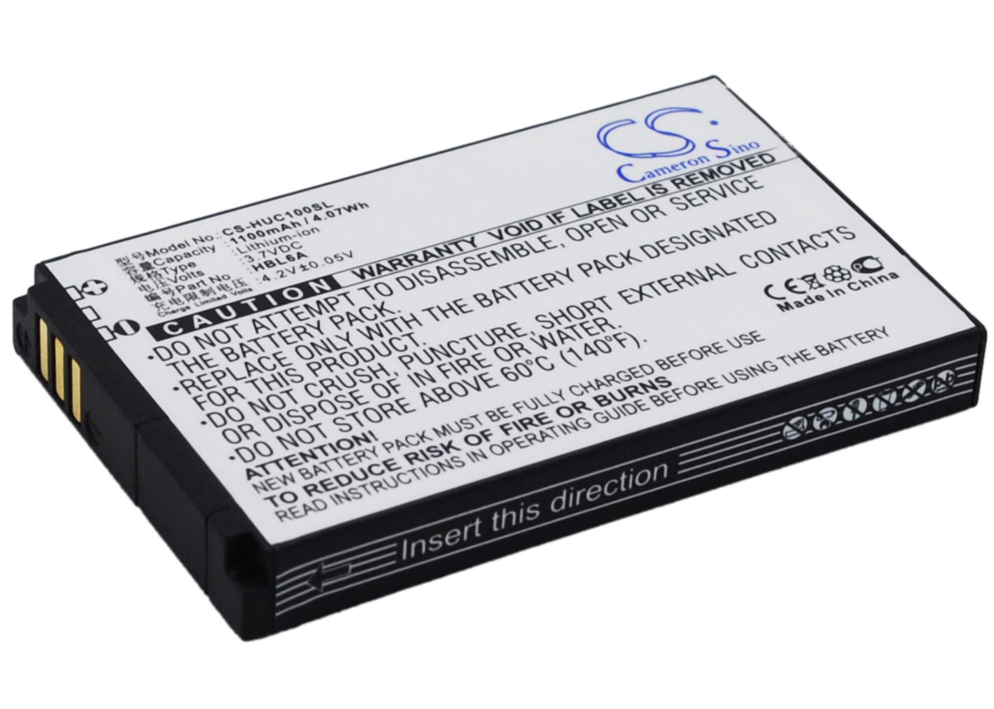 3.7V, 1100mAh, Li-ion Battery fits Huawei, C2600, C2605, 4.07Wh