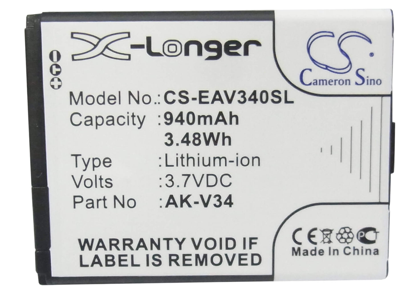 3.7V, 940mAh, Li-ion Battery fits Emporia, Glam, V34, 3.478Wh