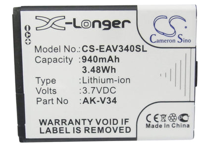 3.7V, 940mAh, Li-ion Battery fits Emporia, Glam, V34, 3.478Wh