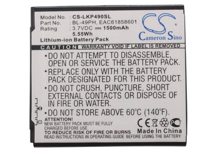 3.7V, 1500mAh, Li-ion Battery fits Lg, F120, F120k, 5.55Wh