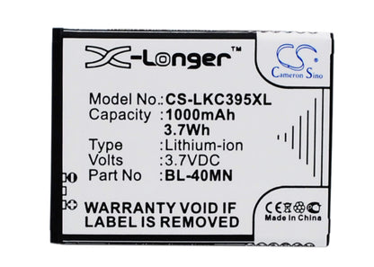 3.7V, 1000mAh, Li-ion Battery fits Lg, C395, C395c, 3.7Wh