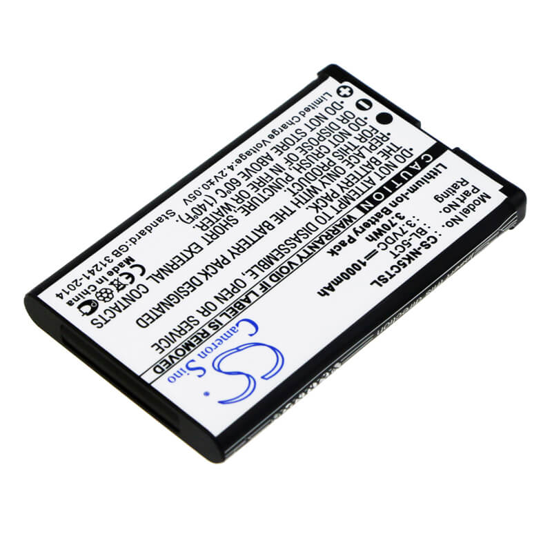 3.7V, 1000mAh, Li-ion Battery fits Nokia, 5220, 5220 Xpressmusic, 3.7Wh