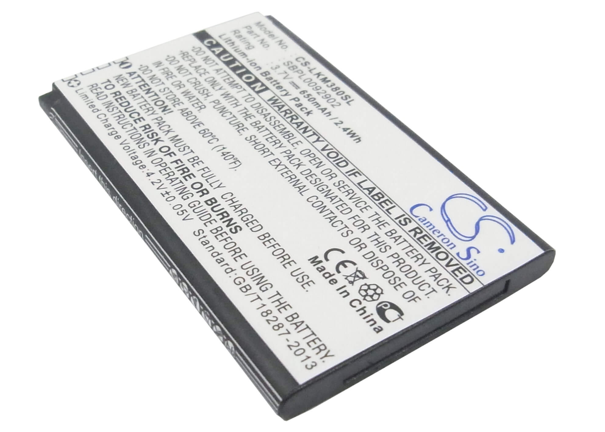 3.7V, 650mAh, Li-ion Battery fits Lg, Gb258, Gd350, 2.405Wh
