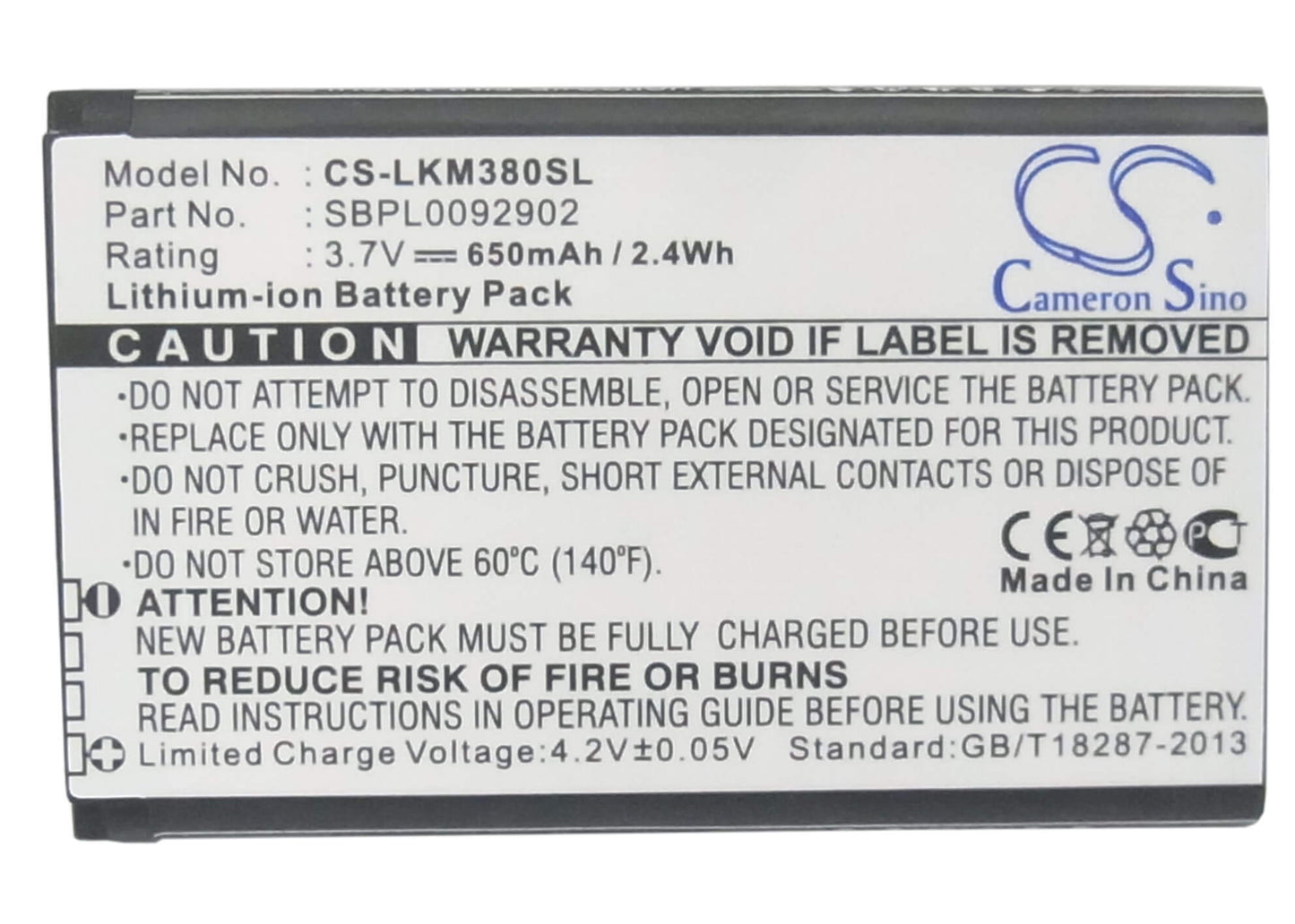 3.7V, 650mAh, Li-ion Battery fits Lg, Gb258, Gd350, 2.405Wh