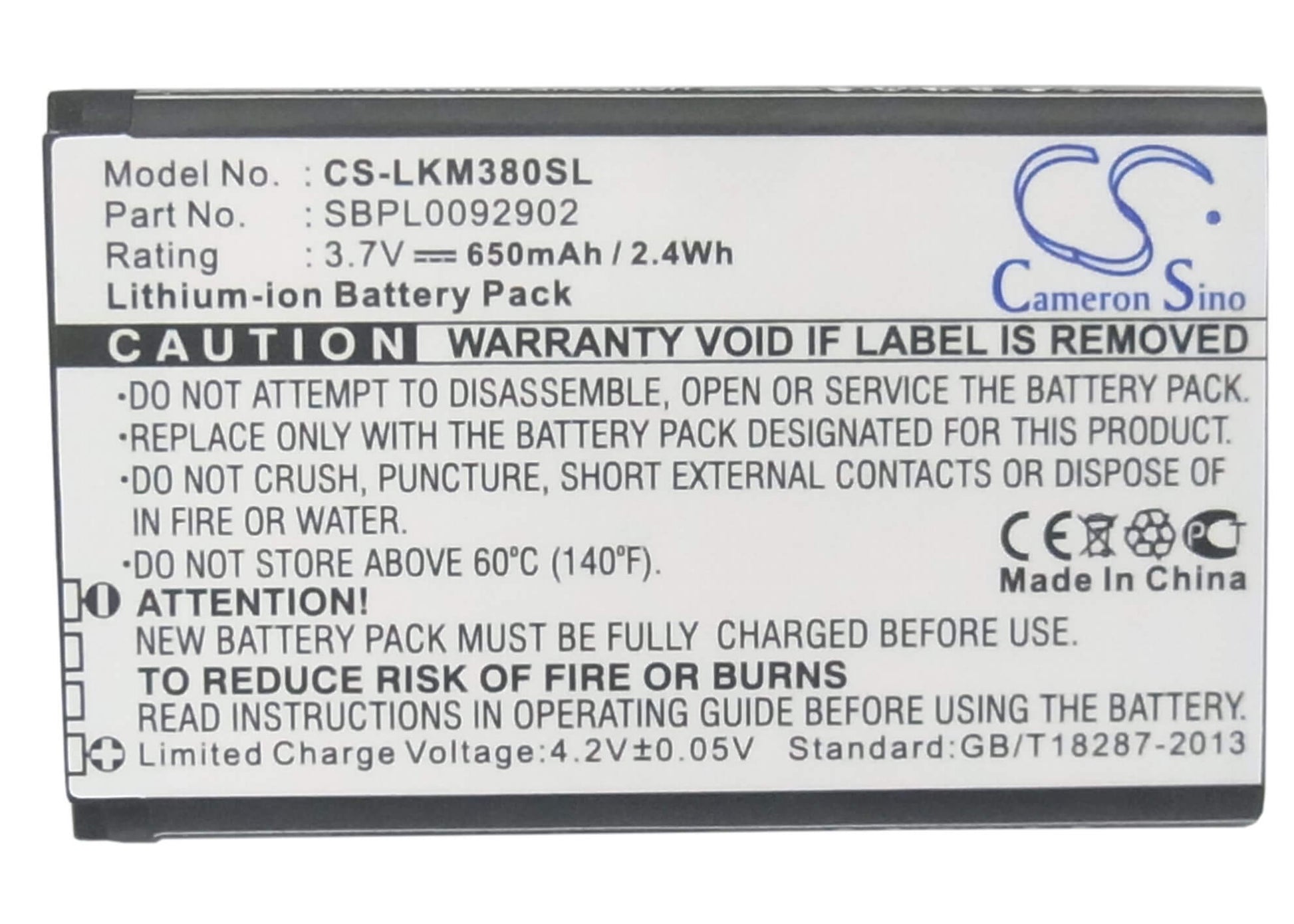 3.7V, 650mAh, Li-ion Battery fits Lg, Gb258, Gd350, 2.405Wh