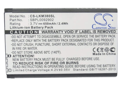 3.7V, 650mAh, Li-ion Battery fits Lg, Gb258, Gd350, 2.405Wh