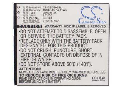 3.7V, 1300mAh, Li-ion Battery fits Gigabyte, Gsmart Gs202, 4.81Wh
