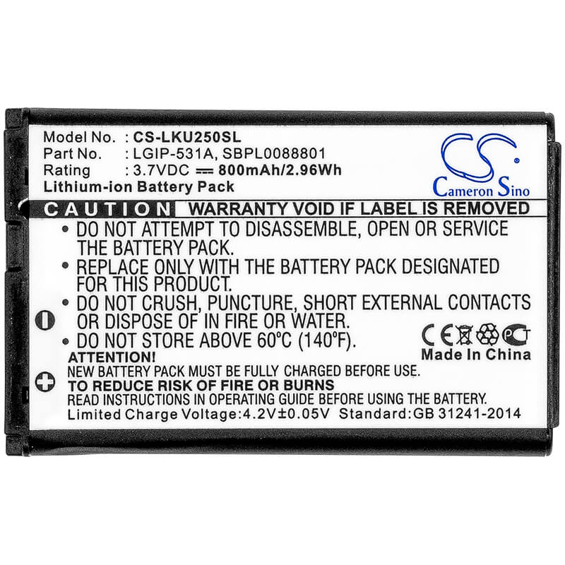 3.7V, 800mAh, Li-ion Battery fits Lg, 236c, 237c, 2.96Wh
