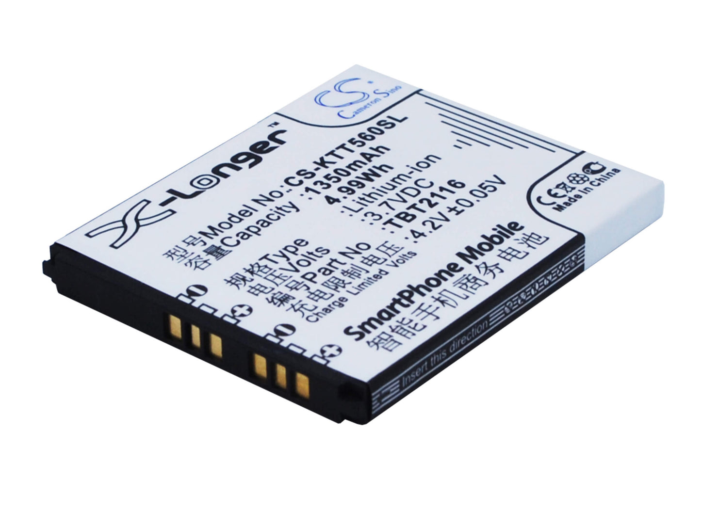 3.7V, 1350mAh, Li-ion Battery fits K-touch, A788, D99, 4.995Wh