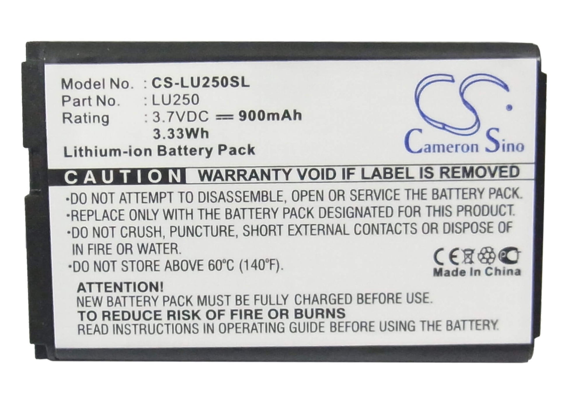 3.7V, 900mAh, Li-ion Battery fits Lg, U250, 3.33Wh